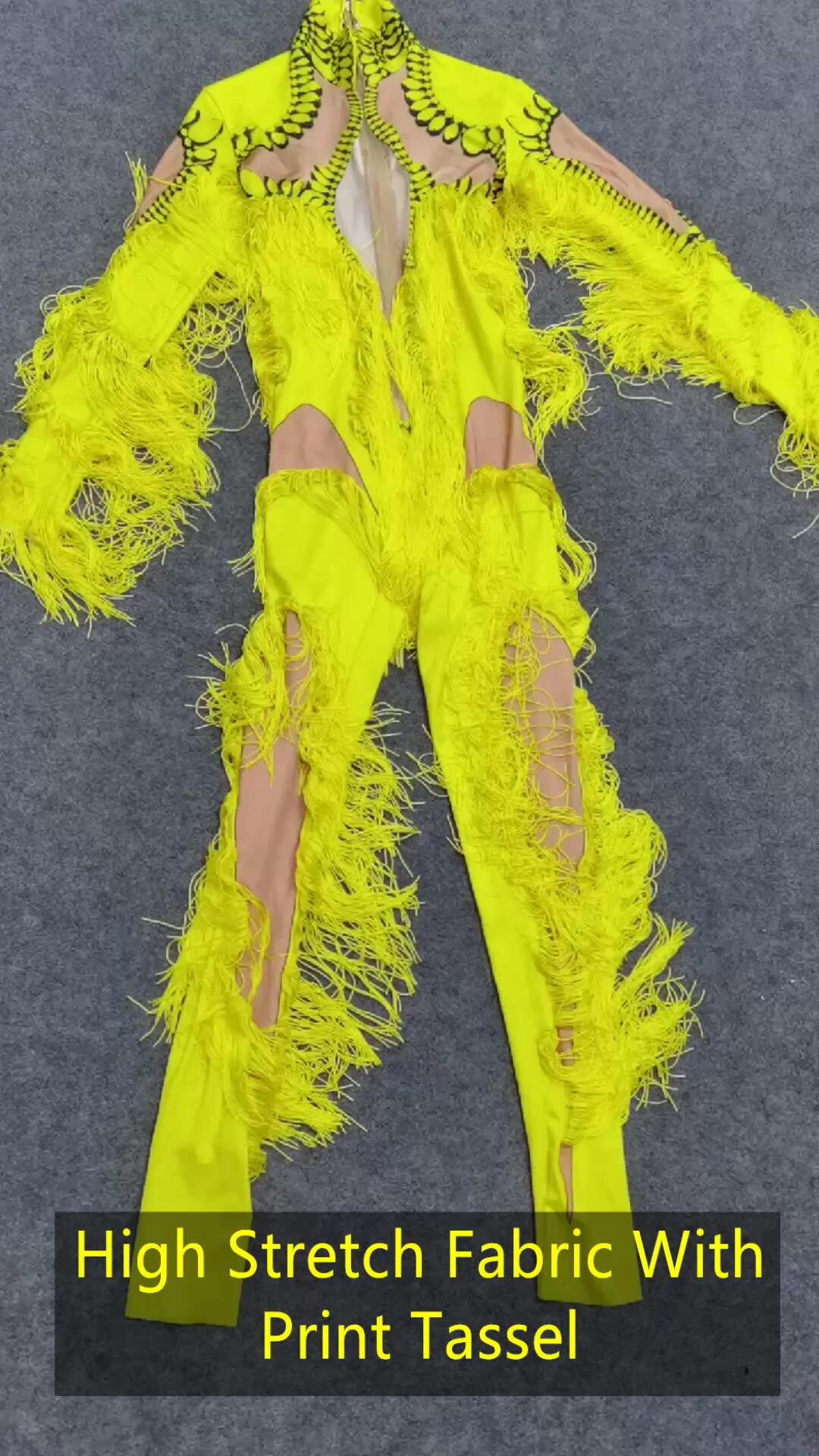 Fashion Yellow Print Stretch Skinny Fringes Rompers Women Performance