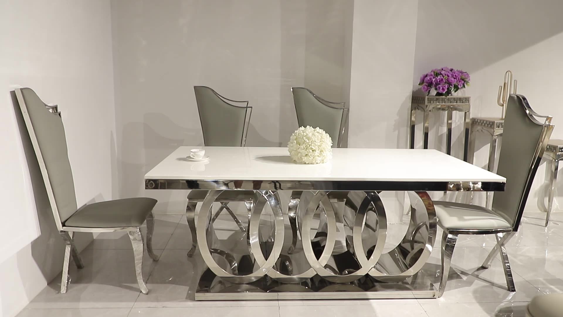 Modern Stainless Steel Leg Silver Marble Top Dining Table With Home
