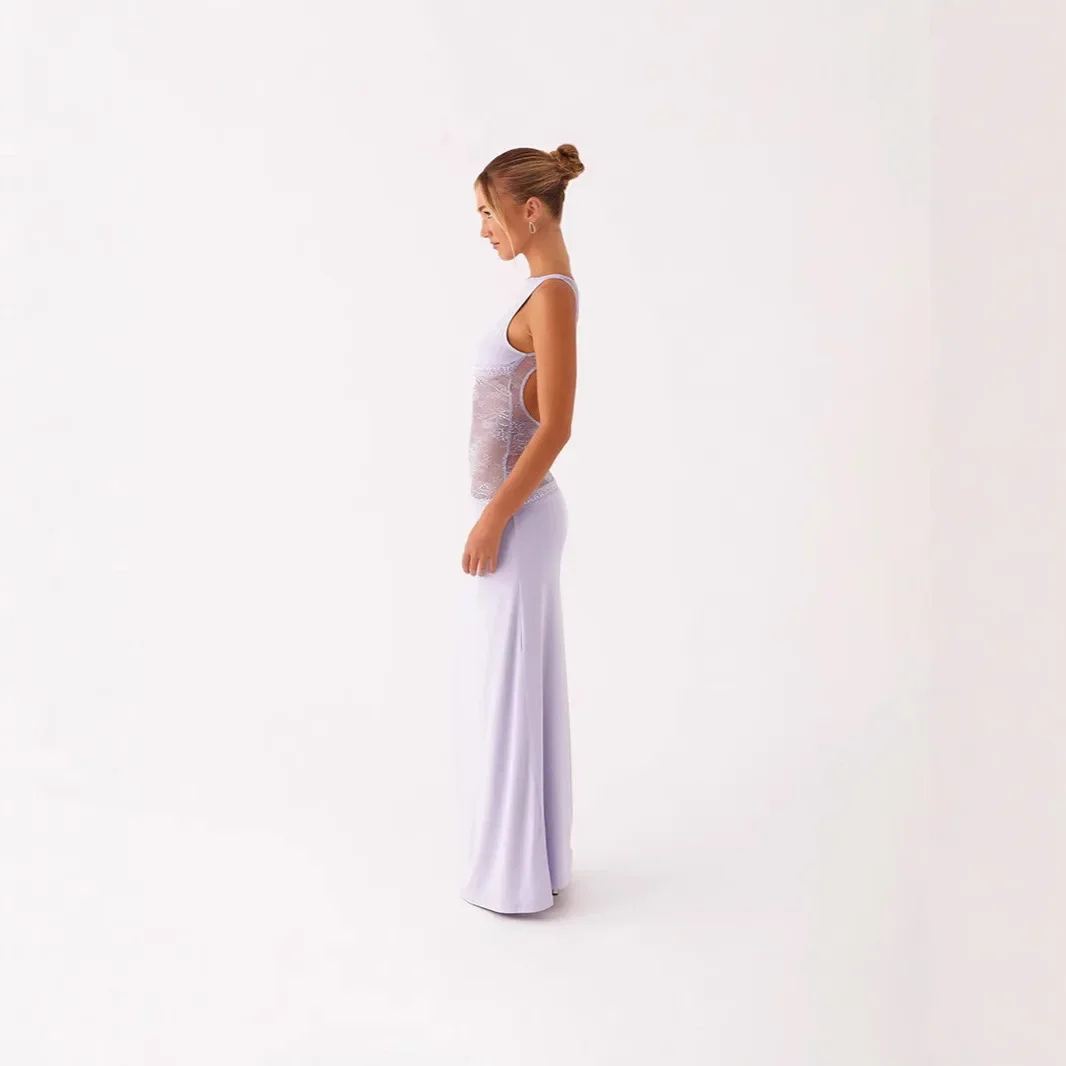 Summer Sexy Slim-fit Lace Satin Stitching Backless Long Dress Slimming Dress Women
