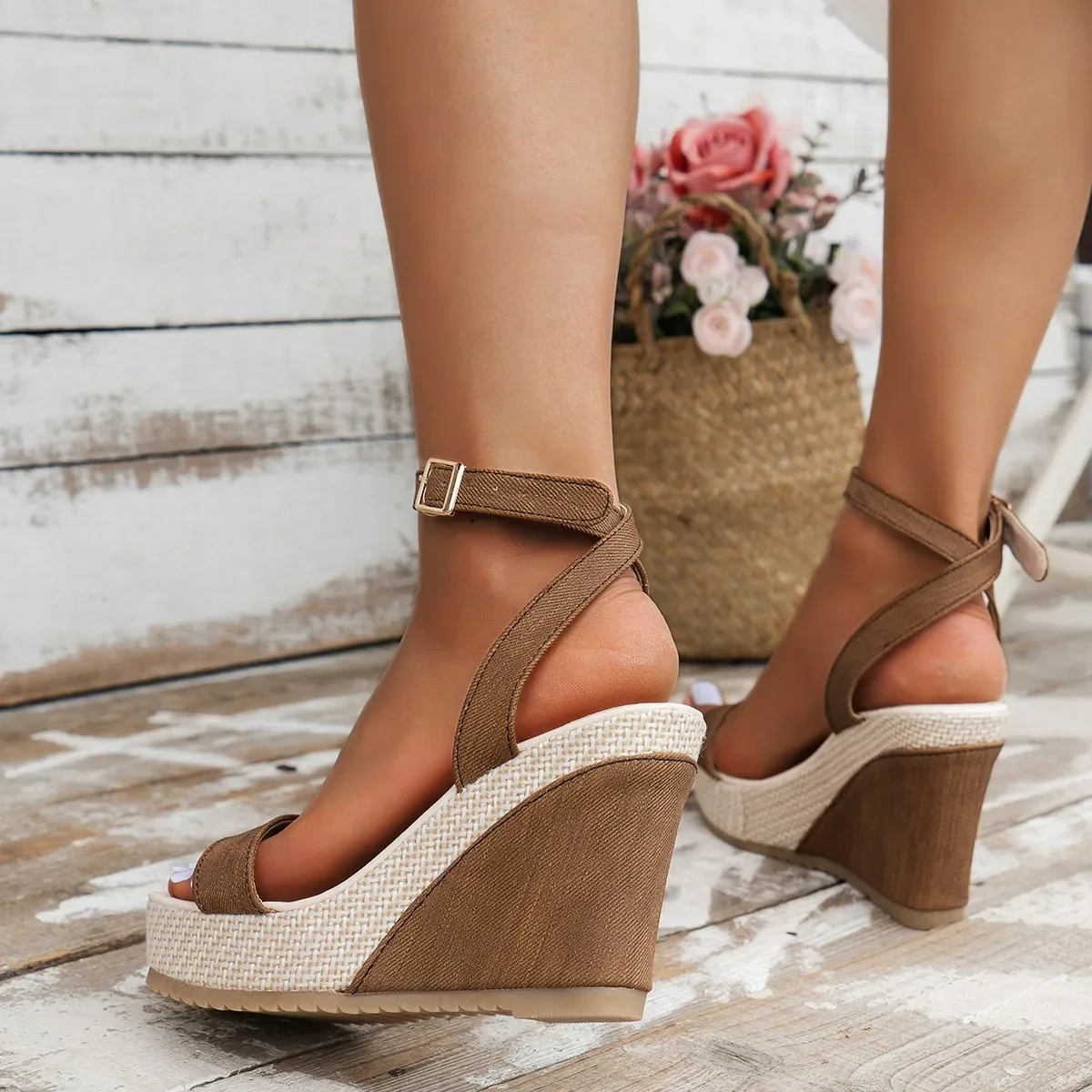 Platform sandals women, plus size summer wedges, buckle closure open-toe 2025