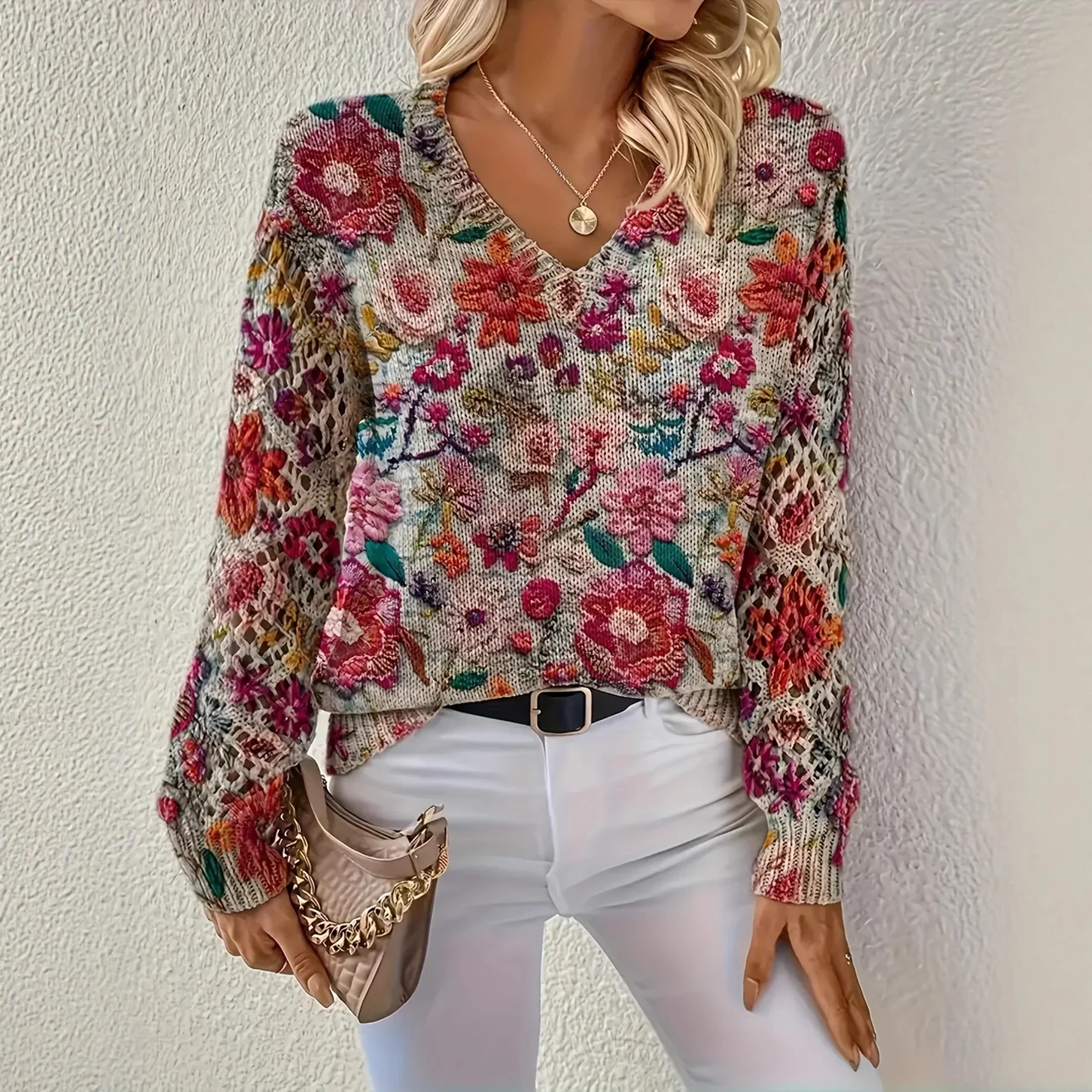 New Printed V Neck Top Cross-Border Women's Clothing Aliexpress Amazon Popular Pullover Long-Sleeved Spring and Autum Sweater