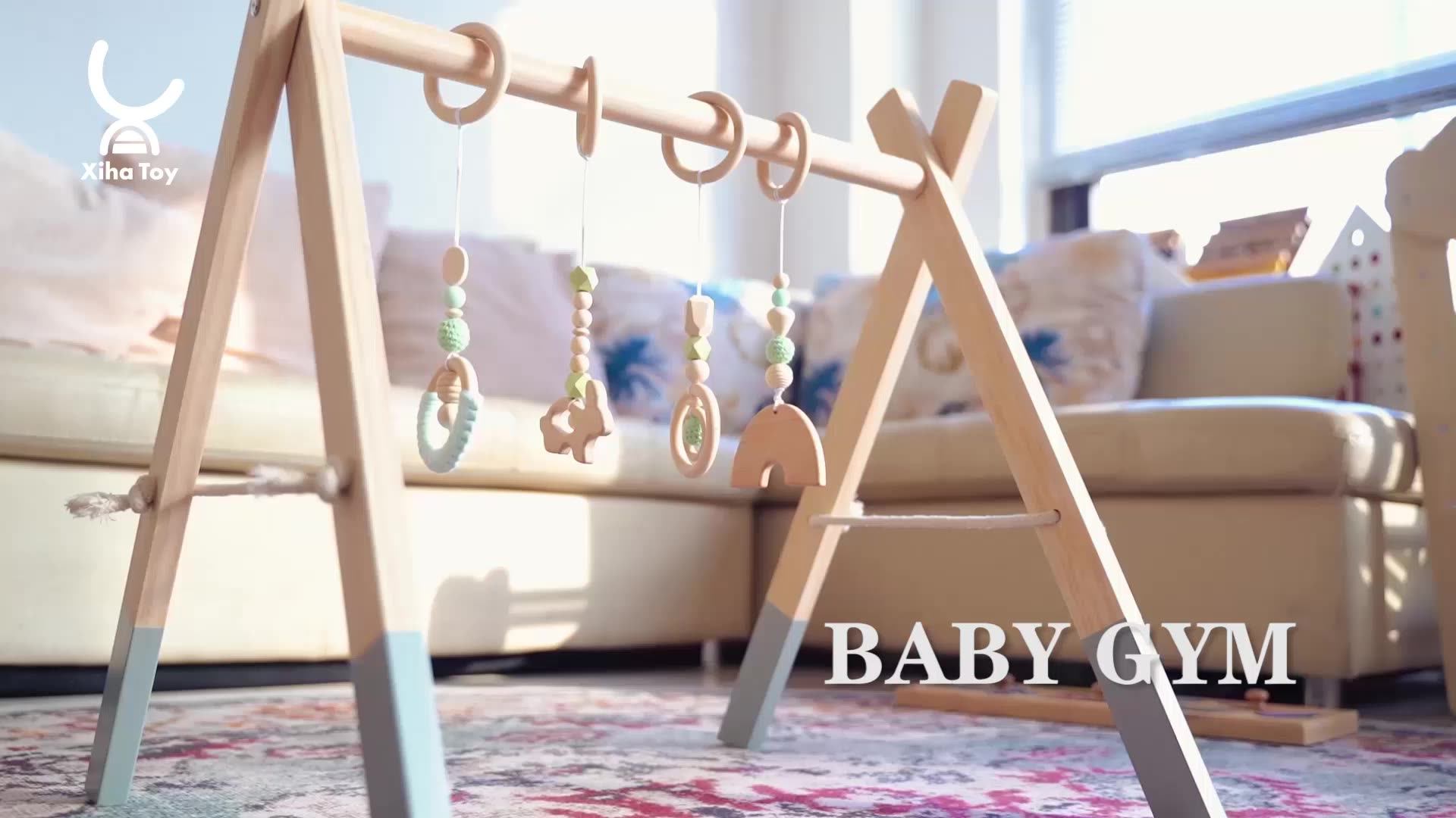 Xiair Foldable Lovevery Baby Play Gym Frame Activity Gym With 3 Wooden Baby Teething Toys