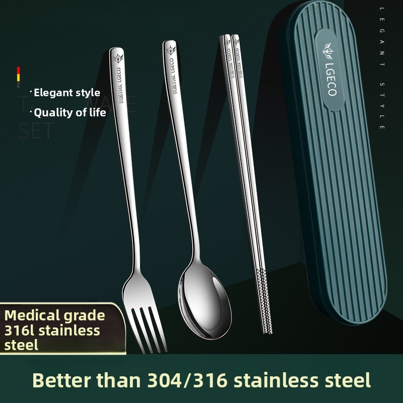 Lgeco Chopsticks and Spoon Set 316L Stainless Steel Portable Cutlery Storage Box Student Single-Person Dining Cutlery Box