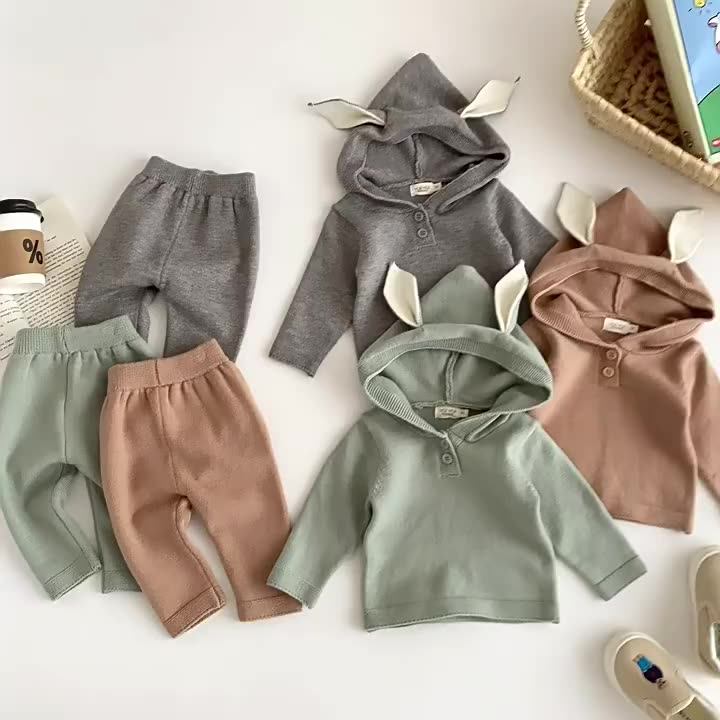 Autumn And Winter Infant Hooded Sweater Set Newborn Knitted Rabbit Ear