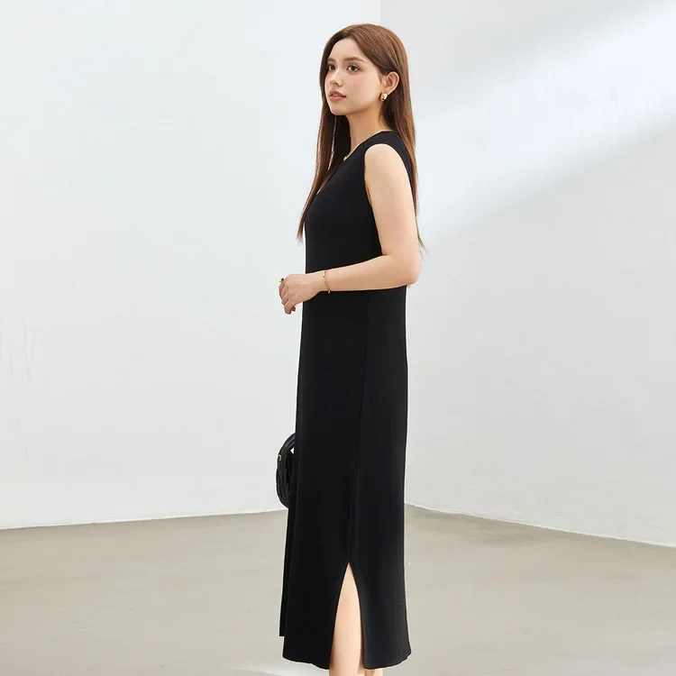Slim Show Large Size Women's Clothing Refreshing All-match Personalized Split Simple Knitted Sleeveless Dress Chubby Girl Summer New Style