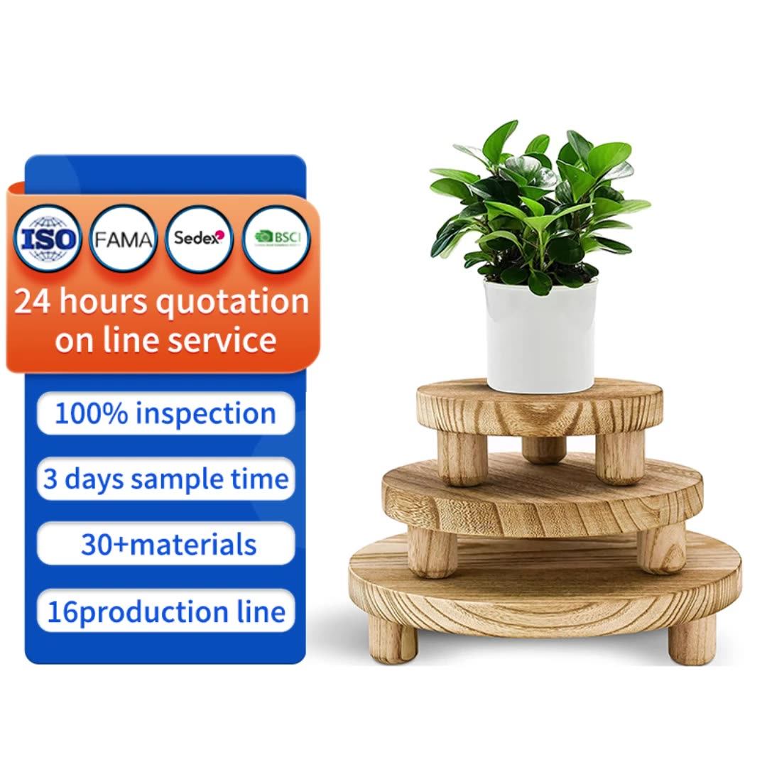 Wooden Round Decorative Tray Stand For Plant Pot Riser Holder Wooden