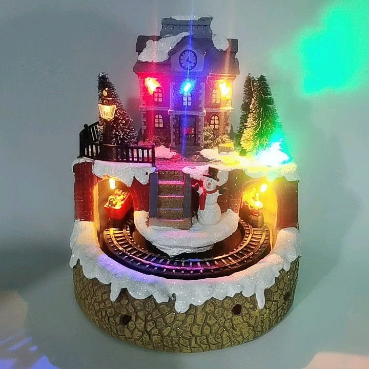 Resin Led Light Christmas Tabletop Christmas Village Scene W/rotating