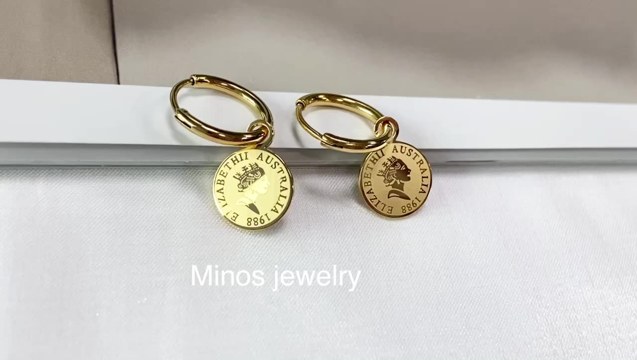 Amazon.co.jp: 18K 18K Gold Earrings, Elizabeth Coin, Coin