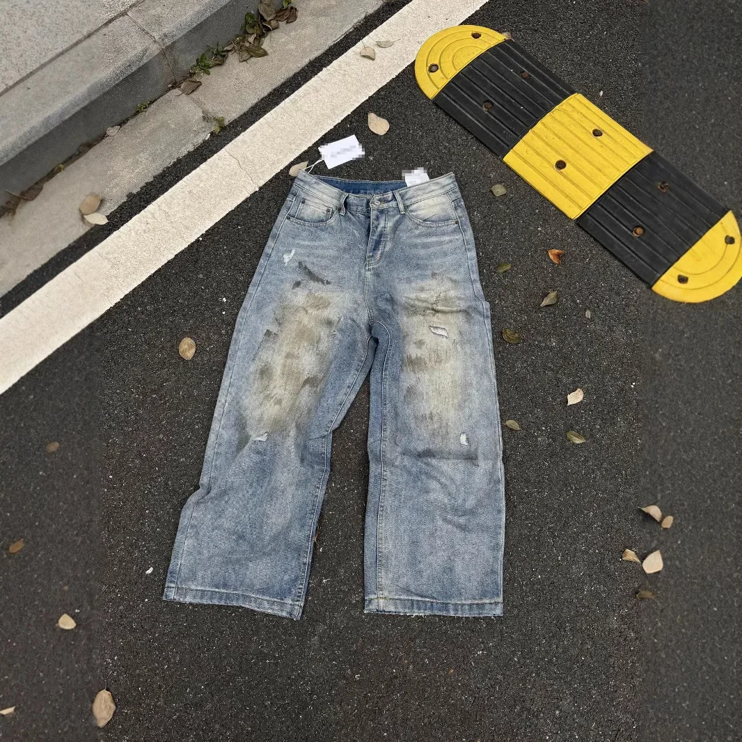 Independent high version AC classic unisex faded and dizzy wide leg dirty pants mud dyed jeans