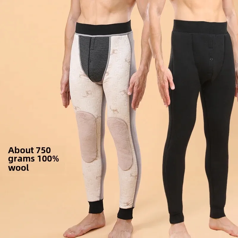 Men's woolen keep warm trousers, knee pads, fleece leggings, elastic thermal underwear, high waist