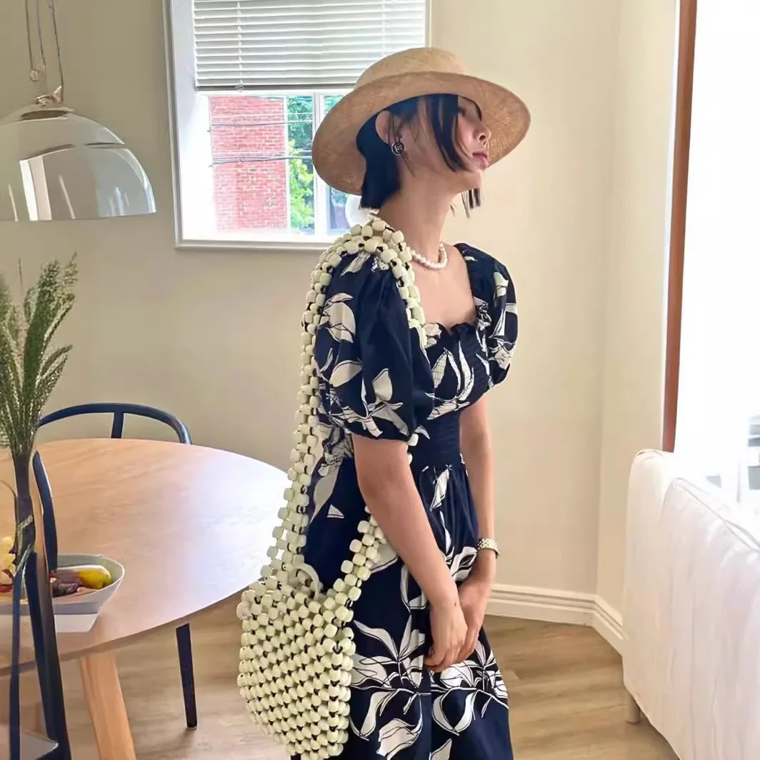 All-Match Leaf-Print Puff-Sleeve One-Neck Pants