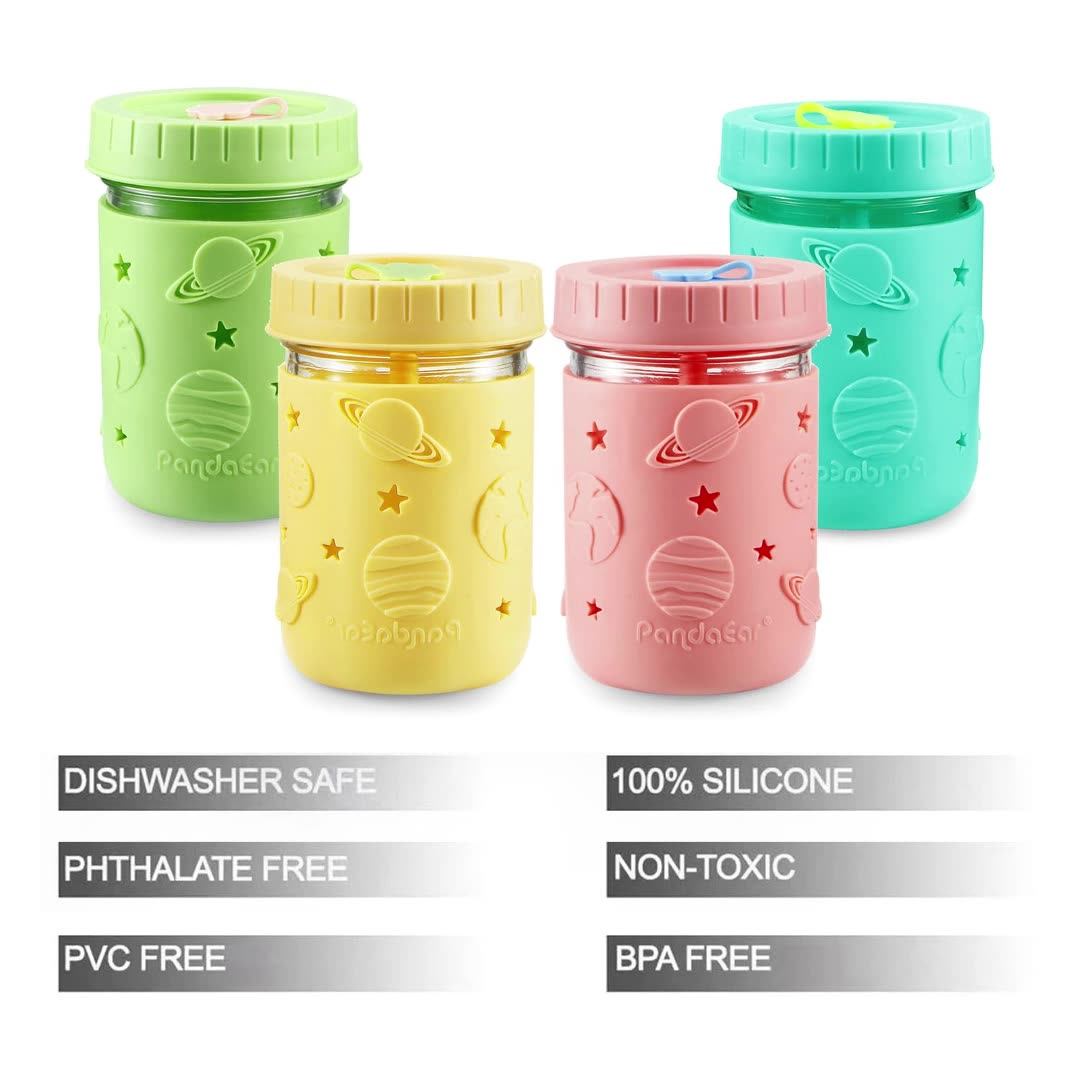 New Glass Jar Drinking Cups With Silicone Sleeves Kids Drinking Glasses
