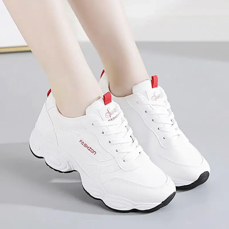 Women's Sports Shoes 2025 New Spring and Autumn White Leather Shoes Thick Sole Board Shoes Versatile Casual Dad's Shoes Ah Gung Shoes