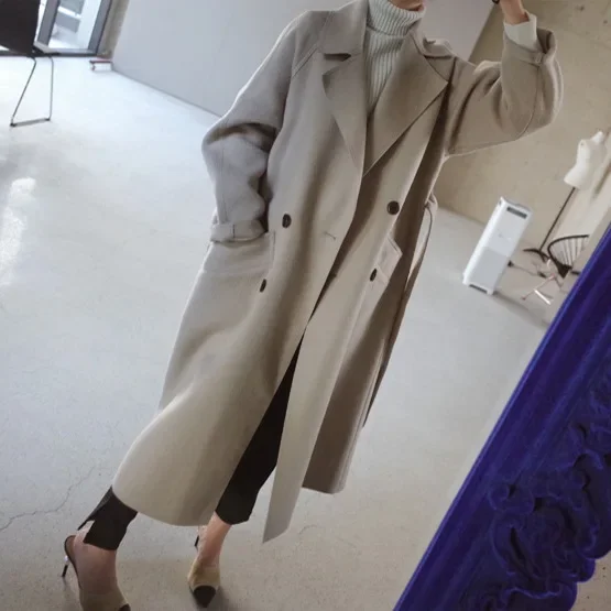 Elite demi-season woolen coat, long double-sided cashmere, Korean style, mid-length