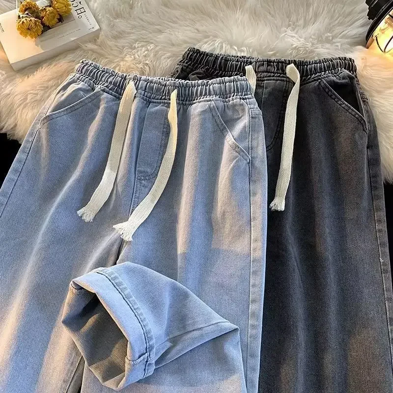 Loose Popular Work Pants for Construction Site Wide Leg Loose Waist Straight Drawstring Jeans Men's Wear-resistant Labor Protection Pants