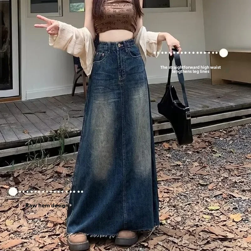 Old Washed Denim Half-Body Skirt for Women, Spring and Autumn Season, Hot Girl Retro Straight A-Line Design Slimming Long Skirt 2407