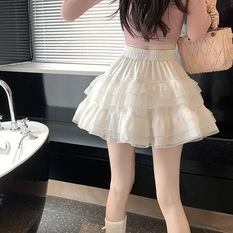 2025 New Lace Cake Skirt Women's Short Skirt Ballet Style High Waist White Mesh Canopy Academic Style Skirt Cute
