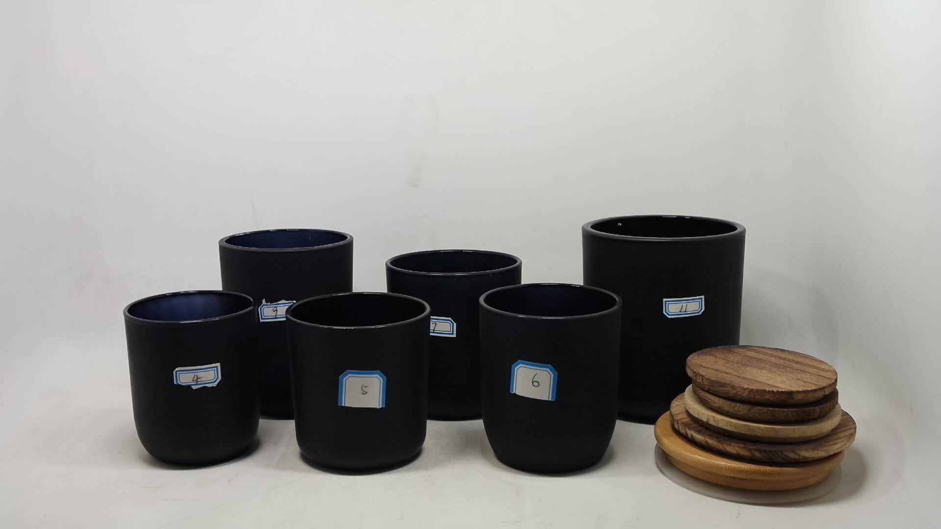 21oz Short And Wide Top Matte Black Glass Candle Jars With Dark Wooden
