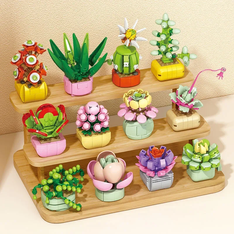 Compatible with Lego Building Blocks Fleshy Handmade Flower Potted Small Particle Children's Educational Assembled Desktop Decoration Model Gift