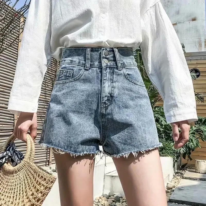 Double buckle Denim shorts women's summer new Korean style high waist slimming loose all-match A- line wide leg hot pants fashion