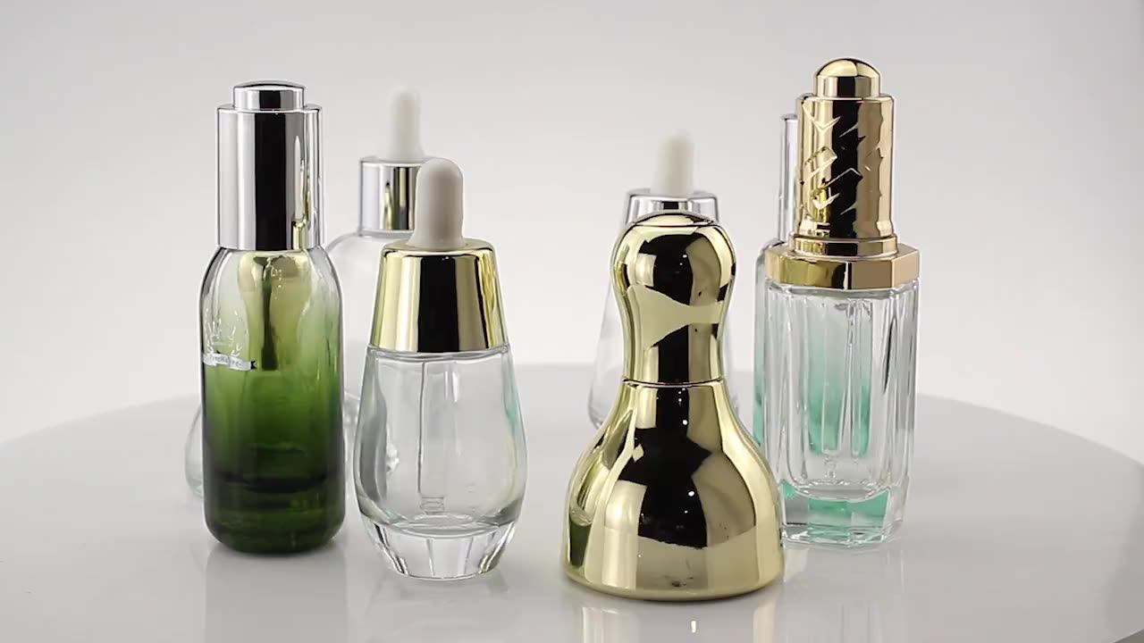 Luxury Face Serum Bottles 30ml Clear Cosmetic Packaging Glass Essential Oil Bottle Gold Silver