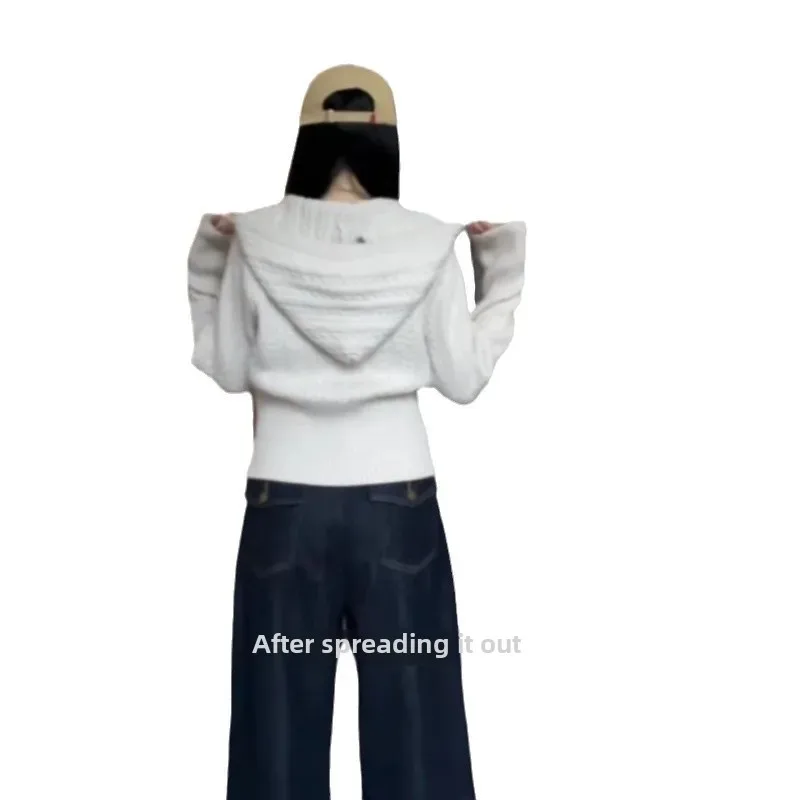 Thick Crochet Hooded Cardigan Women's 2024 Autumn/Winter New Slimming Waist Short Knit Top