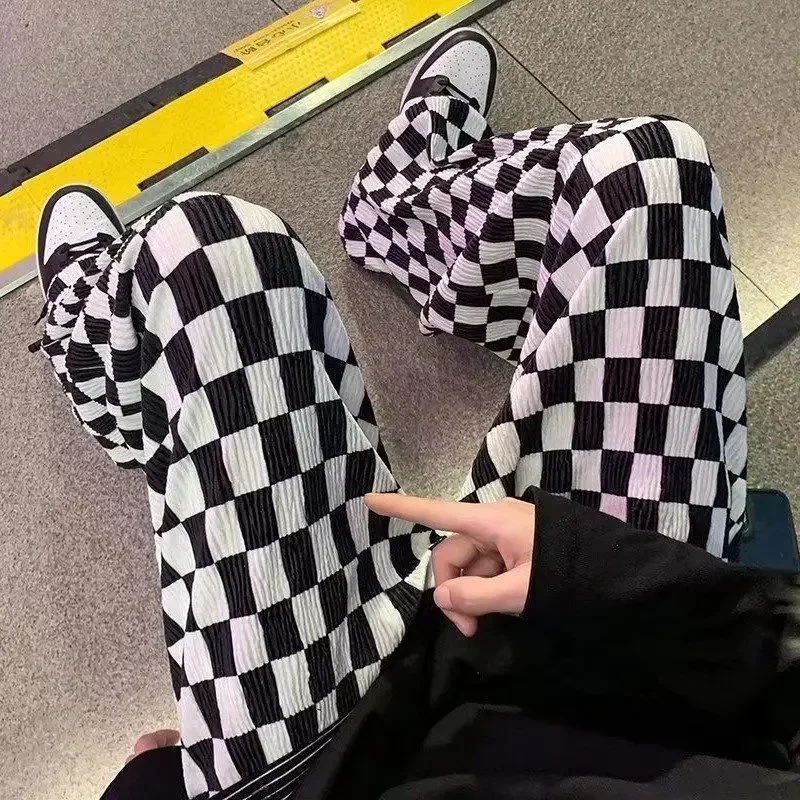 American Checkered Pants for Women - Spring and Summer Thin Version High Street Ins Trend Brand Droopy Wide Leg Pants for Men - Black and White Checkered Casual Pants