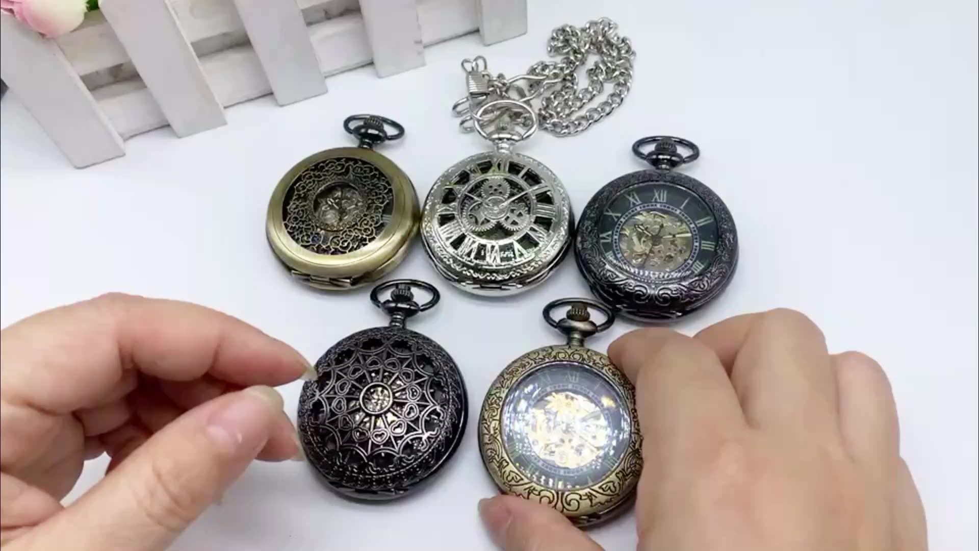 Transparent Bronze/black Skeleton Manual Mechanical Pocket Watches