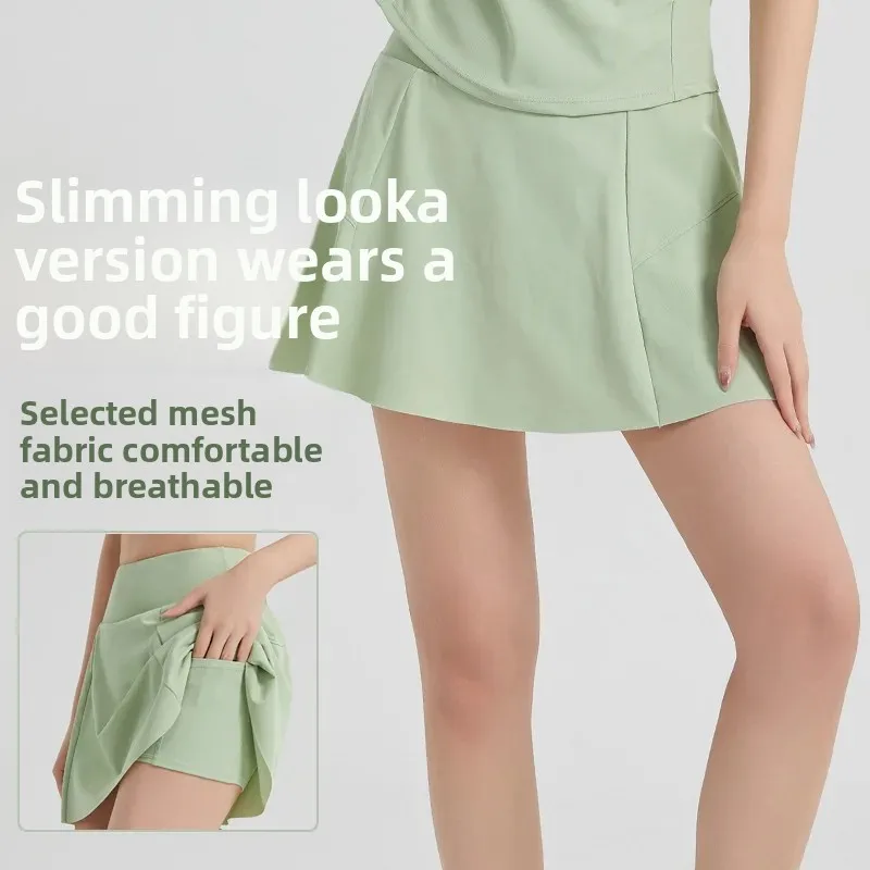 Summer Fitness Short Skirt, Fake Two-Piece Yoga Wear, High-Waisted Breathable Anti-Glare Sports Shorts, Tennis Skirt, Badminton Skirt