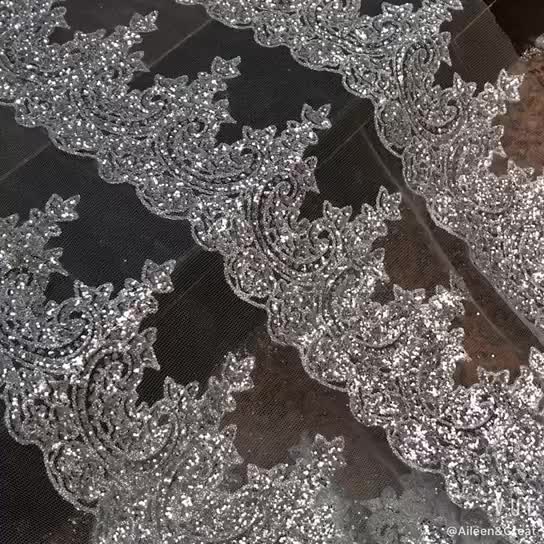 Stock Women's Lace Skirt Fabric Luxury Shiny Tulle Silver Glitter Lace