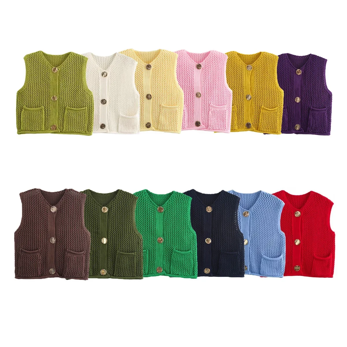 Women's Solid Color Fashion Hook Needle Hollow Single Breasted Vest 2024 Autumn and Winter New European and American Cross-border Wool Vest