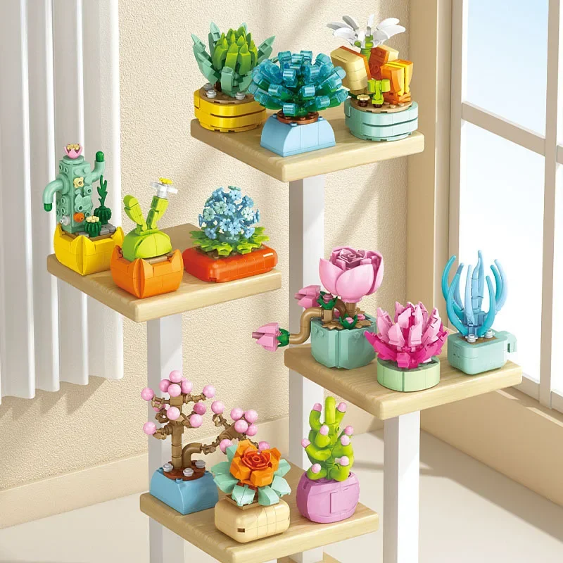 Compatible with Lego Building Blocks Fleshy Handmade Flower Potted Small Particle Children's Educational Assembled Desktop Decoration Model Gift