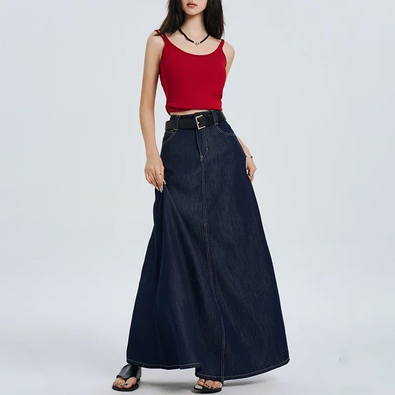 Dark blue thin summer retro long denim skirt