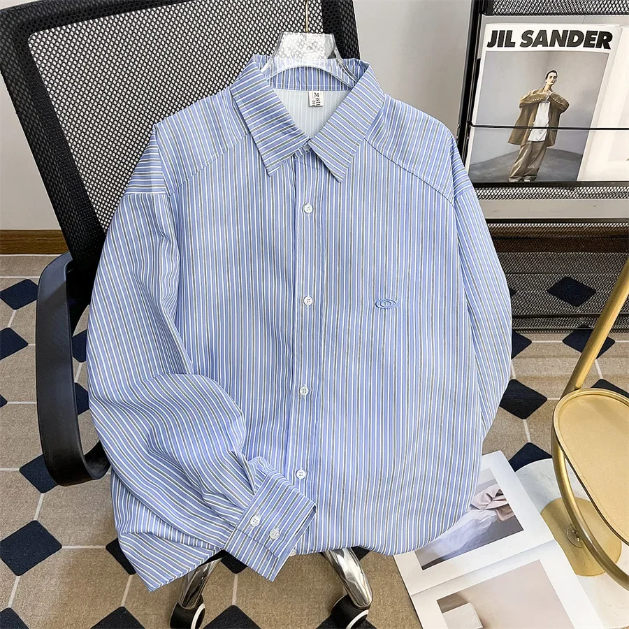 Retro blue demi-season autumn shirt, American style, oversize