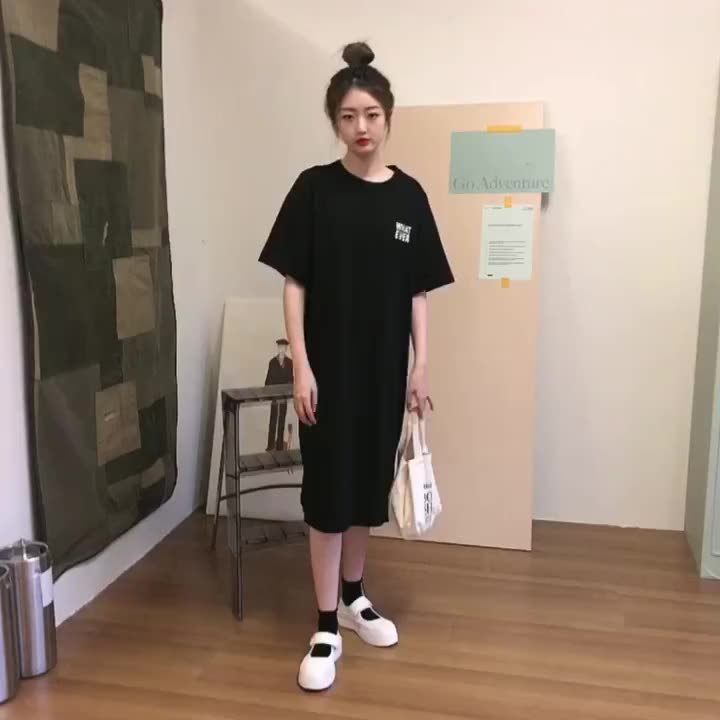 纯棉黑色短袖连衣裙女夏2021新款大码宽松中长款...