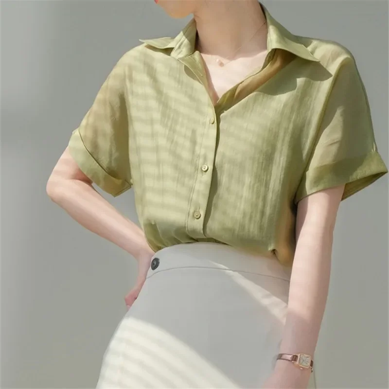 Mint Green Tencel Shirt Women's 2025 Summer Lightweight All-match Draped Commuting Design Hong Kong Style Short-sleeved Trendy Top