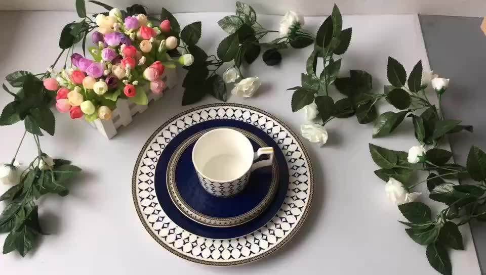 Wholesale Bone China Dinnerware Set Home Ware Navy Blue Restaurant
