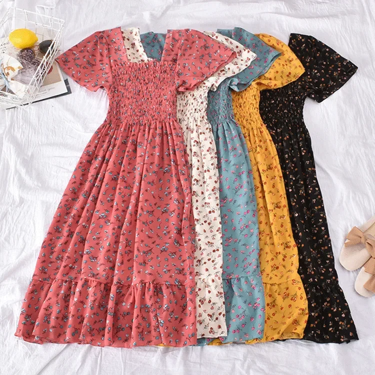 Cross-Border Women's Clothing 2024 Summer and K-Style New Retro Square Collar Floral Waist Slimming Look Ruffled Splicing Dress for Women