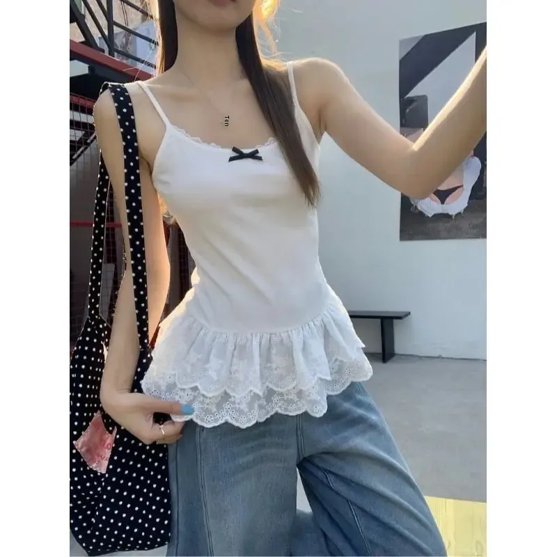 White Camisole Women's Spring and Summer Outer Wear Slim-fit Stacked Inner Ballet Style Lace Hem Lace Base Top
