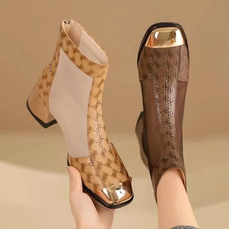 Foreign Trade 2024 Spring Summer Autumn Mesh Boots Foreign Trade Cross-border Soft Leather Retro Niche Light Luxury Women's Boots