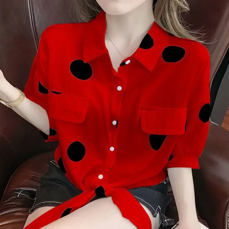 Women's Large Print Polka Dot Chiffon Shirt with Open Jacket for  Summer New Sun Protection Top with Air Conditioning Shirt, Paired with Skirt and Small Shawl