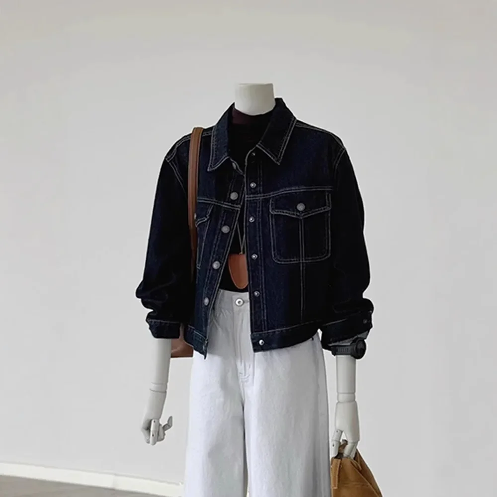 Cross-border European and American New Hong Kong-style Retro dark blue Denim Jacket Women's Slimming Casual Workwear Jacket Top