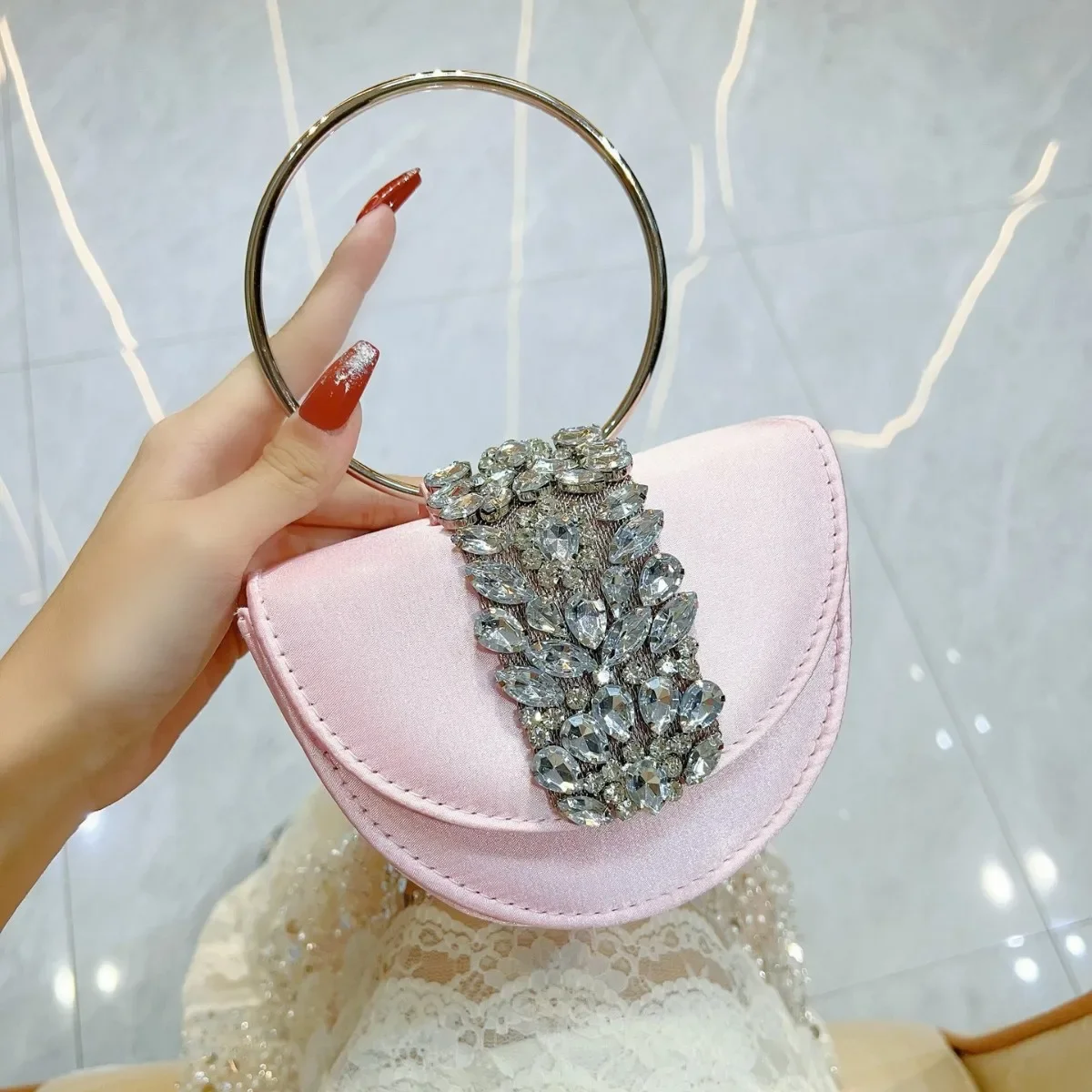 Cross-Border New Arrival Semi-Round Shiny Rhinestone Crescent Bag Diamond Silk Satin Flip Small Square Bag Crossbody Bag