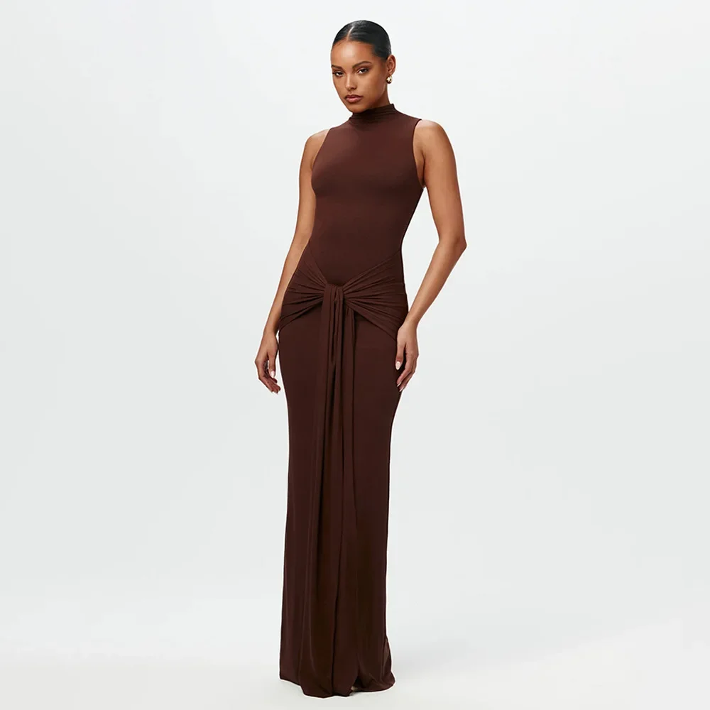Cross-Border Spring and Summer New European and American Style Women's Dress, Elegant Solid Color Round Neck Sleeveless Waist-Cinching Tie Slim Fit Bodycon Dress for Women