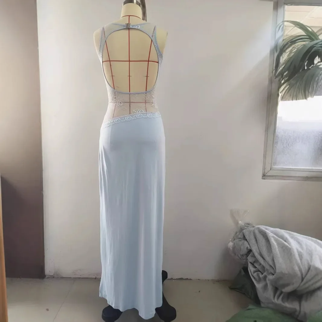 Summer Sexy Slim-fit Lace Satin Stitching Backless Long Dress Slimming Dress Women