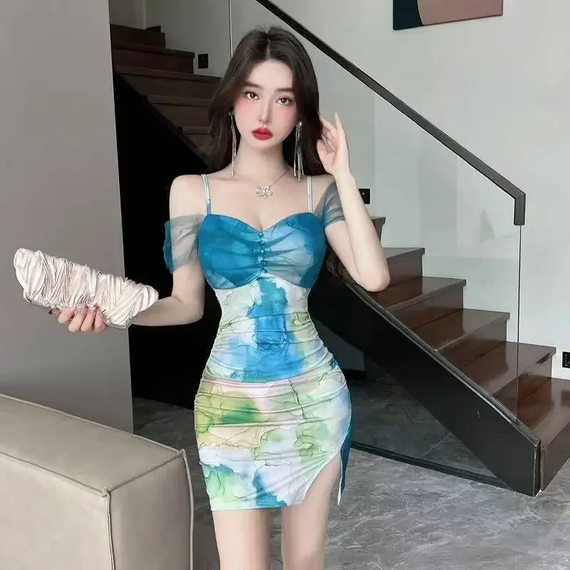 Pure Desire Sexy Mesh Super Fairy Dress Little Summer Off-Shoulder Suspender Tight Printed Hip Short Skirt for Women