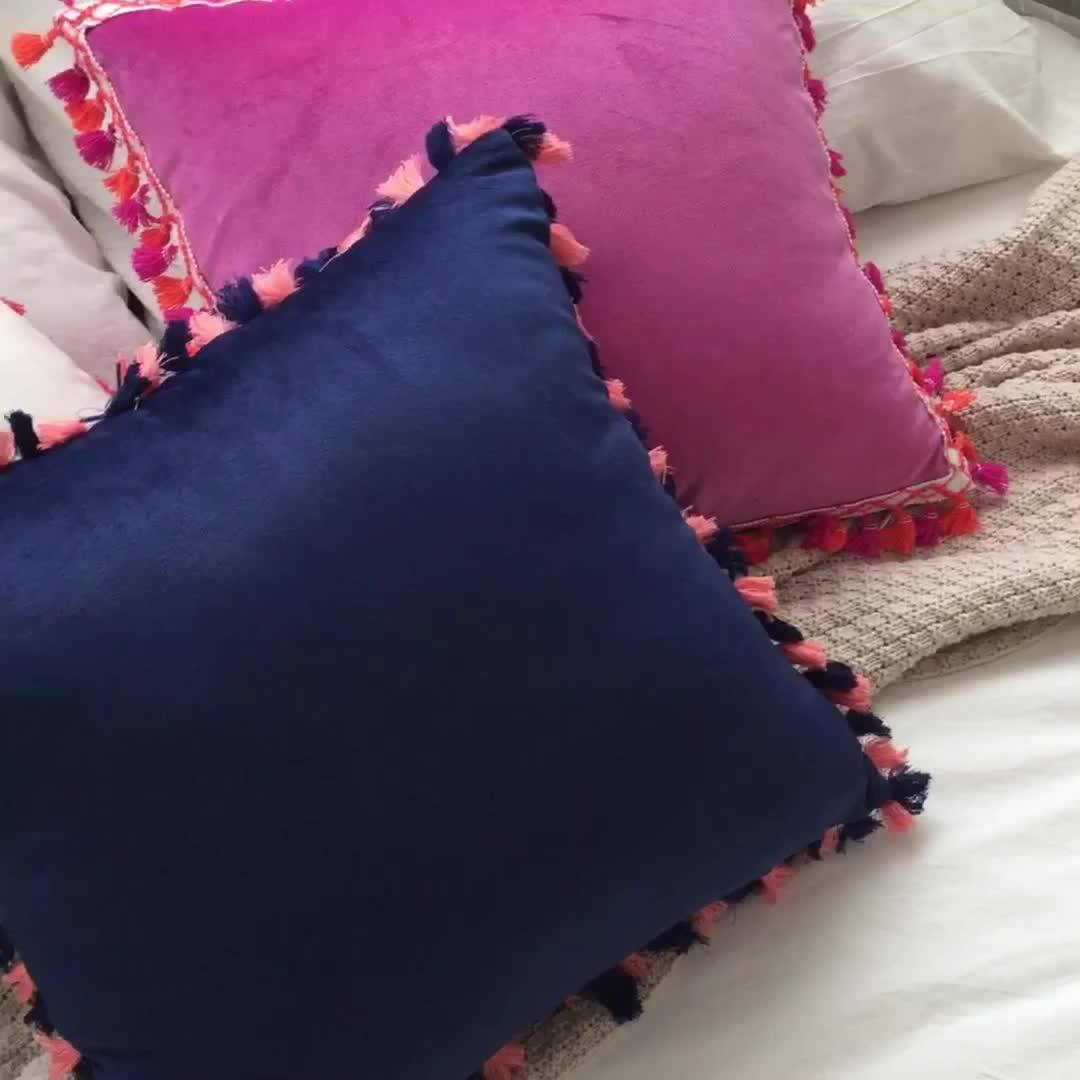 Super Soft Plain Square Decorative Tassel Fringe Velvet Cushion Cover