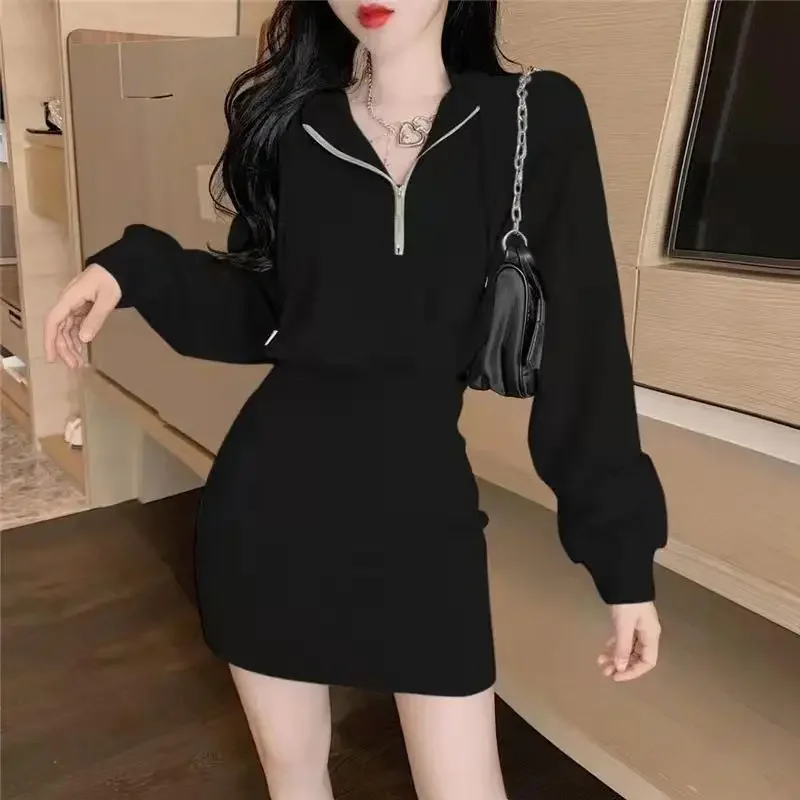 Pure Desire Style Hot Girl Short Sleeve Hooded Sweatshirt Skirt Summer Long Sleeve Waist Cinching Booty Short Skirt Petite Black Dress