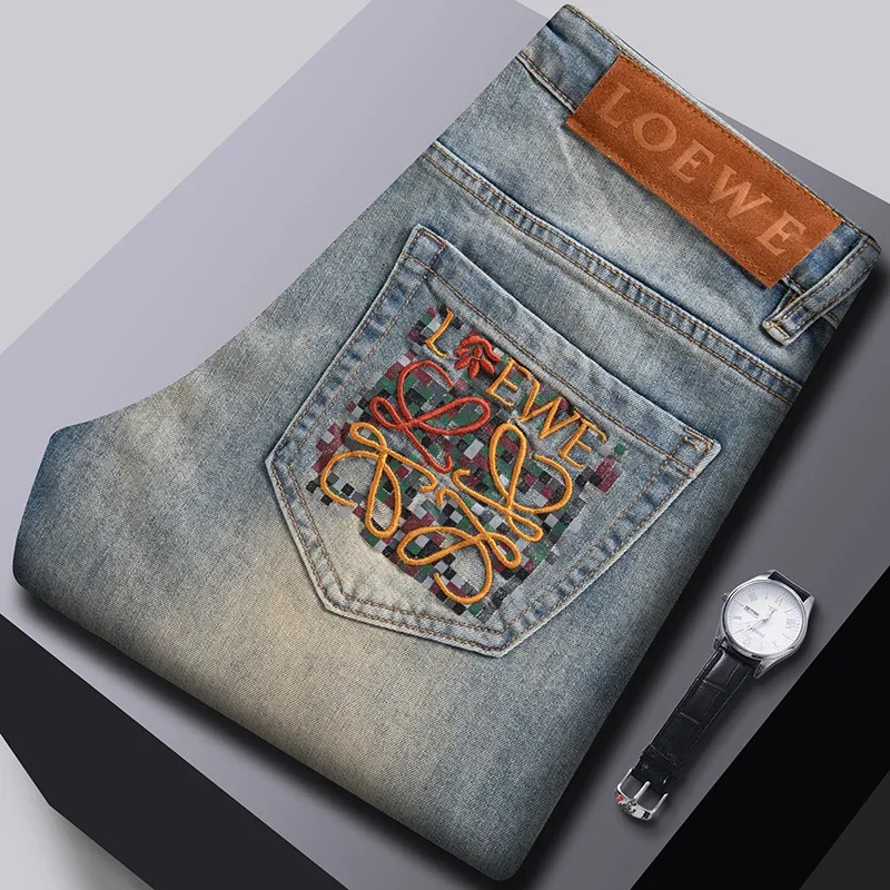 2025 new high-end men's jeans spring and summer thin stretch slim small straight tube brand embroidered casual pants