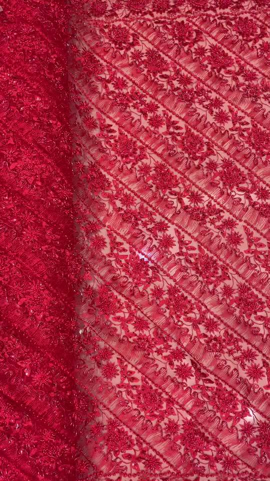 Handmade Luxury Red Beaded Handmade Embroidery Dress Dubai Lace Fabric
